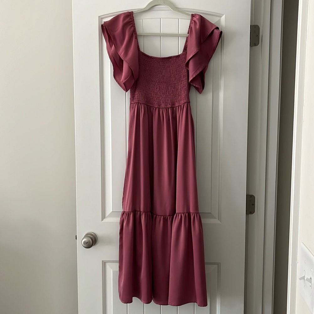Mauve Satin Flutter Sleeve Maternity Midi Dress - image 1